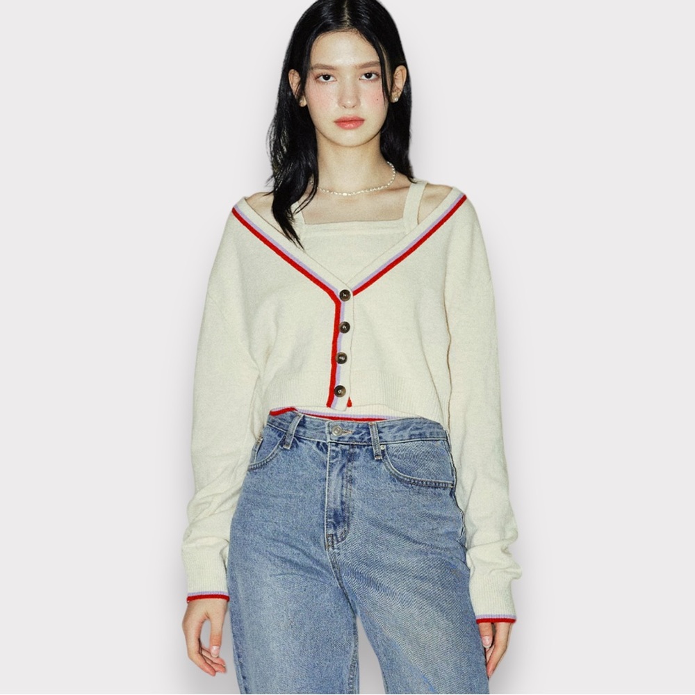 NWT Letter From Moon Merino Wool Two-Piece Stripe Cardigan Bustier Top Sz S